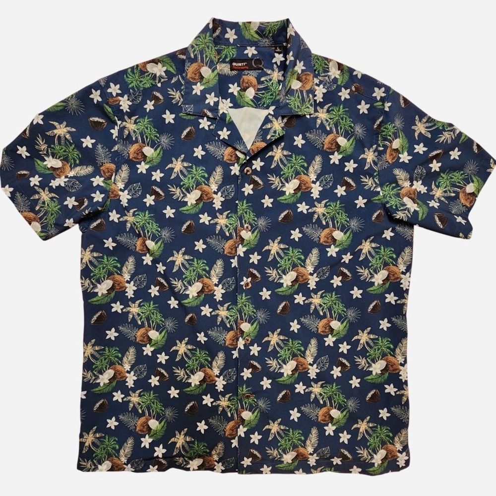 QUIETI‎ Hawaiian Button Shirt Large Coconut Palm Tree Vacation Resort Beach